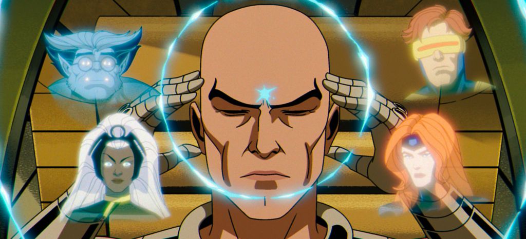 A group of Marvel superheroes including Professor X, Storm, Beast, Jean Grey, and Cyclops, with energy emanating from their bodies.