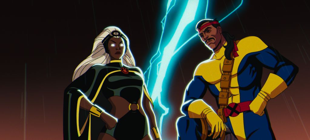 Two superheroes, Storm and Forge, facing each other with lightning crackling between them.