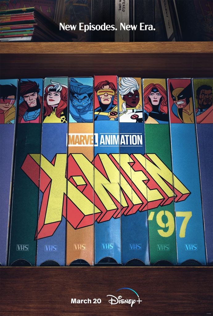 Shelves of VHS tapes featuring Marvel Animation's X-Men '97 logo and character portraits, with text "New Episodes. New Era." and Disney+ branding.