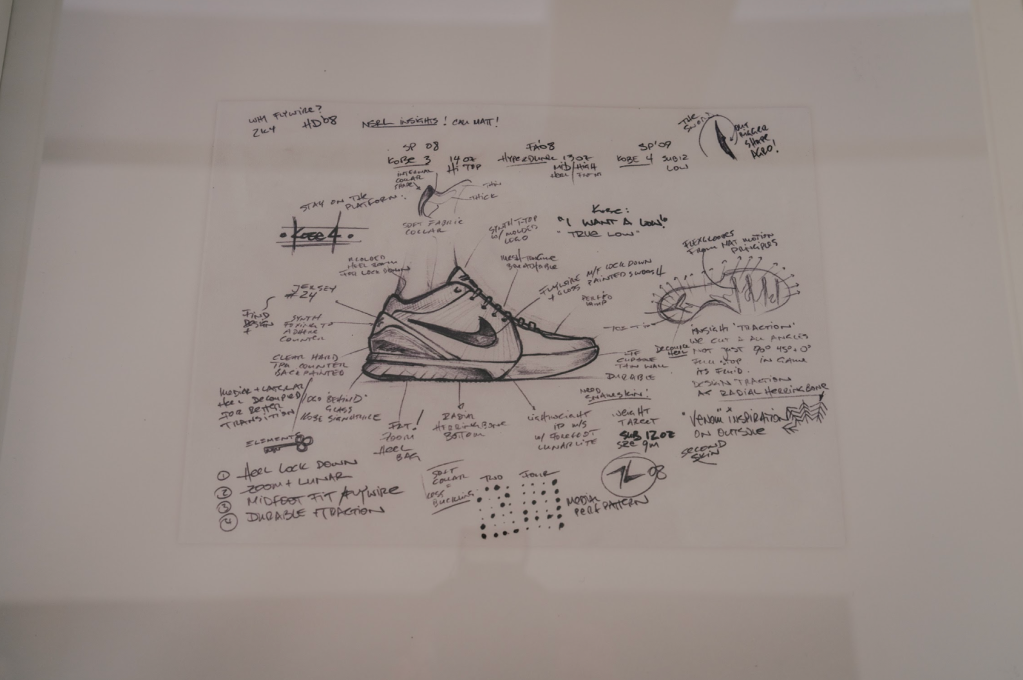 Detailed sketch of a Nike shoe design with annotations and notes about various design elements and features.