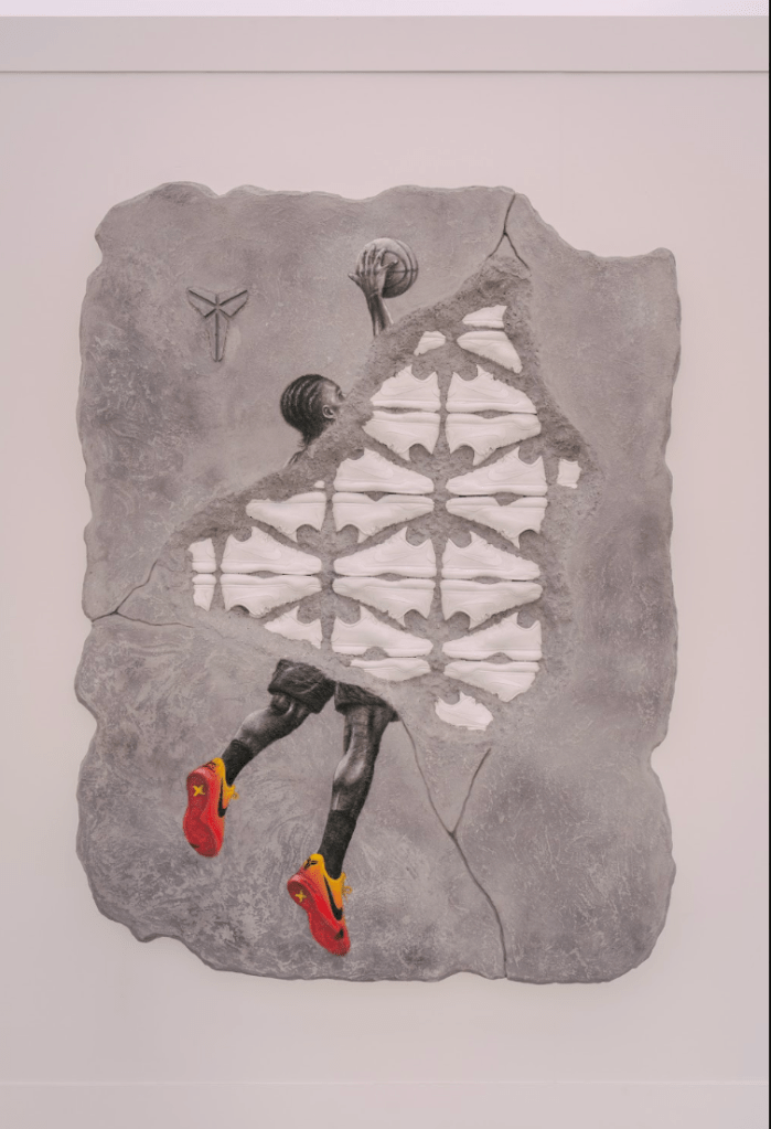 A black and white drawing depicting a figure reaching up towards a geometric pattern, with red and yellow shoes visible at the bottom.
