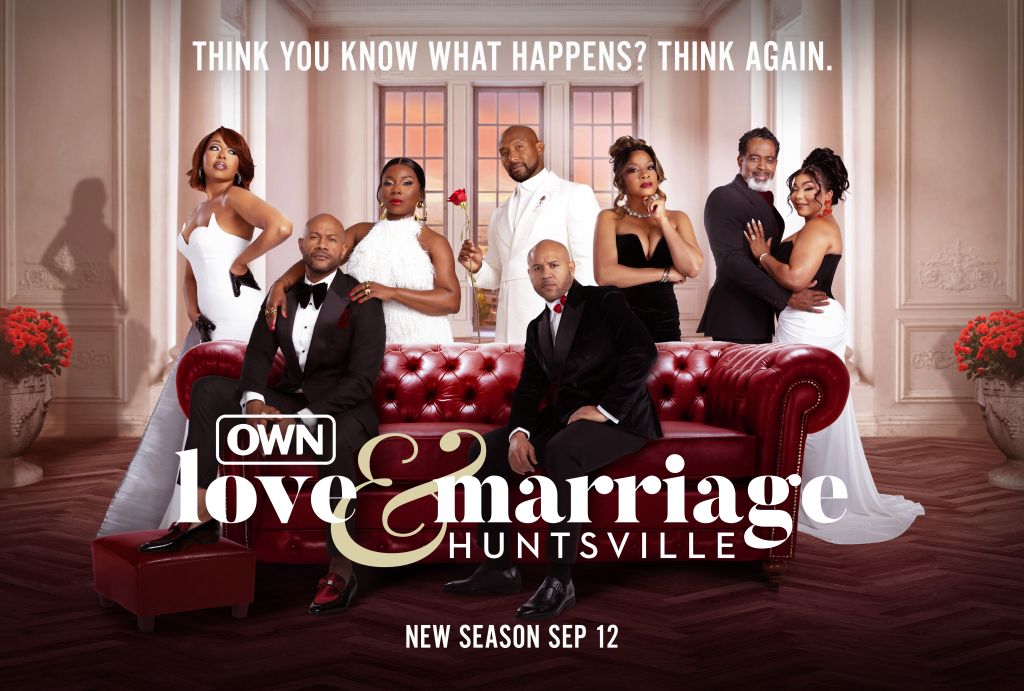 A group portrait of the cast of the TV show "Love & Marriage: Huntsville" posing on a red couch in an elegant room, with the show's title and premiere date displayed.
