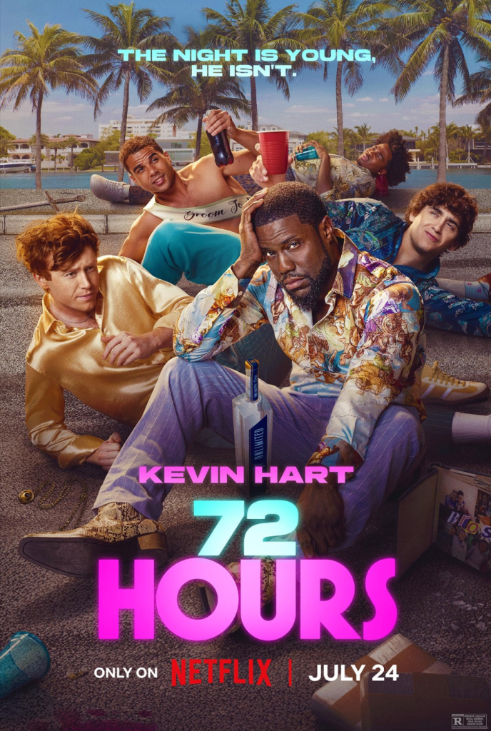 A group of people lounging on a beach with palm trees, with text reading "THE NIGHT IS YOUNG. HE ISN'T." and "KEVIN HART 72 HOURS ONLY ON NETFLIX JULY 24".