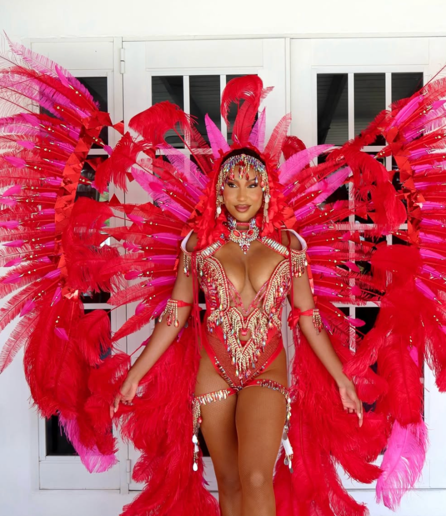 A person wearing a red and pink feathered costume with a headdress and jewelry, posing in front of a white building.