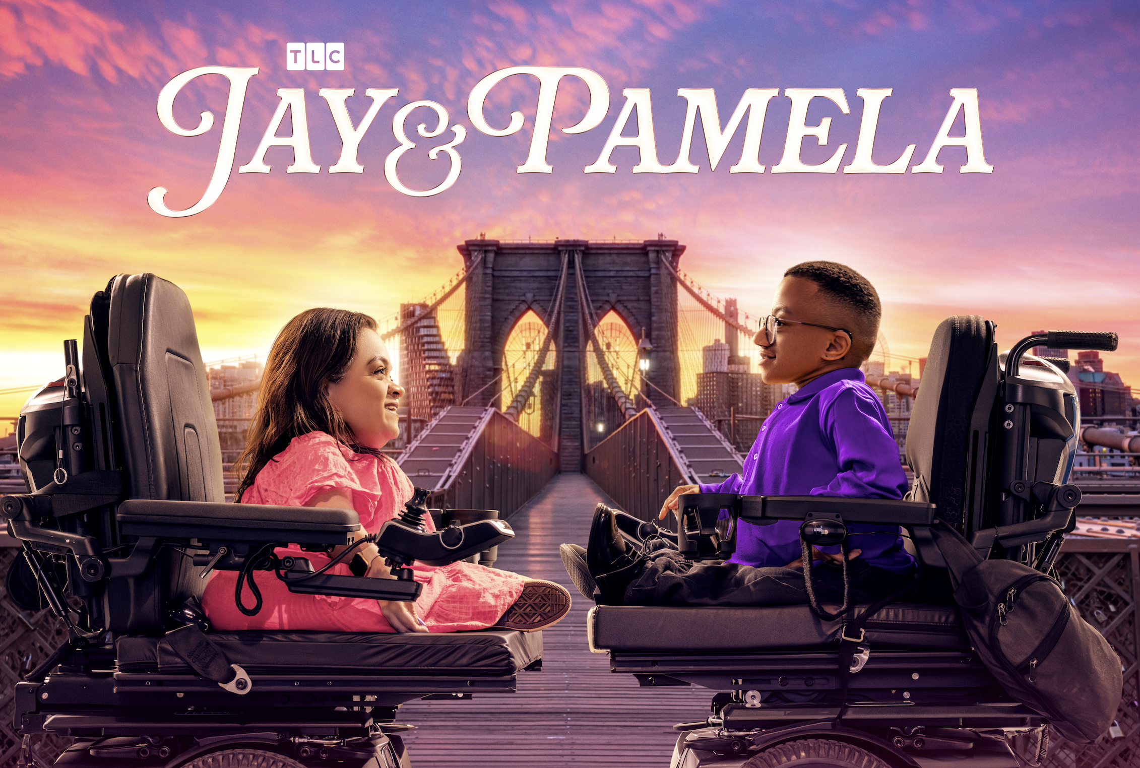 Two people in wheelchairs on a bridge overlooking a city skyline at sunset, with the text "TLC Jay & Pamela" displayed.