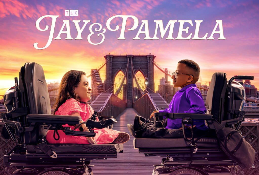 Two people in wheelchairs on a bridge overlooking a city skyline at sunset, with the text "TLC Jay & Pamela" displayed.