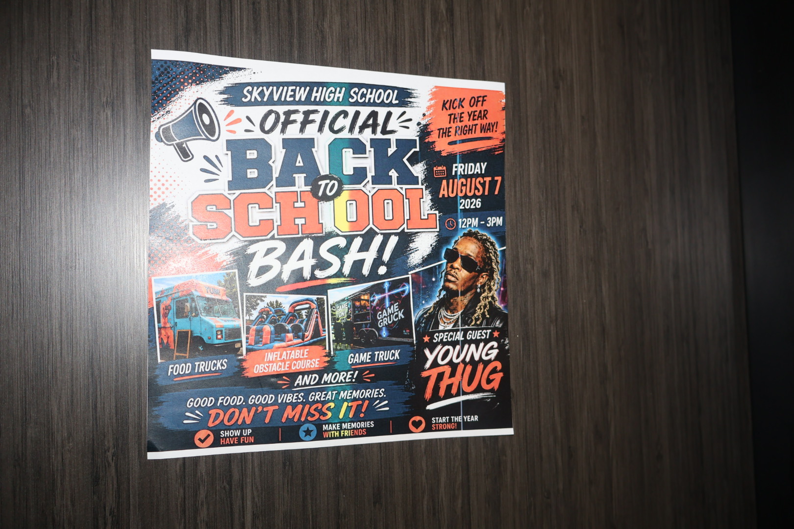 Poster advertising "Skyview High School Official Back to School Bash!" event featuring food trucks, inflatables, game truck, and special guest Young Thug.