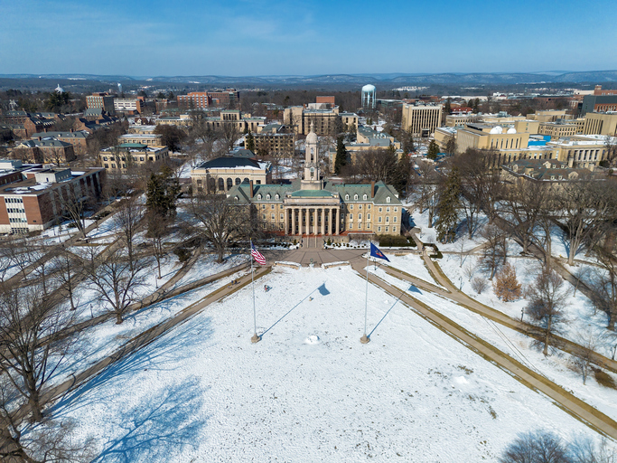 Aerial view of the campus of Pennsylvania State University in winter