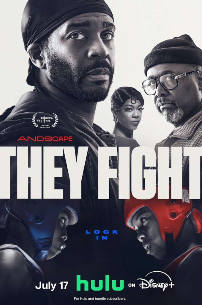 A black and white poster for the film "They Fight", featuring three people in close-up: a bearded man, a woman, and an older man wearing glasses. The title "They Fight" is prominently displayed.