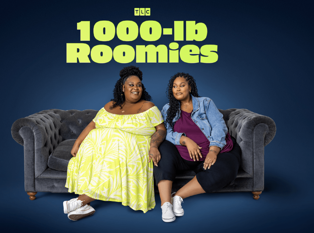 Two women sitting on a gray couch, one wearing a yellow off-the-shoulder dress and the other wearing a purple top and denim jacket. Text above reads "TLC 1000-lb Roomies".
