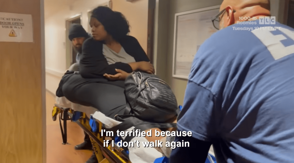 Two people sitting on a stretcher in a medical setting, one person appears distressed and says "I'm terrified because if I don't walk again".