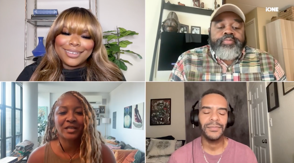 Four people in a video call, two women and two men, discussing or conversing.