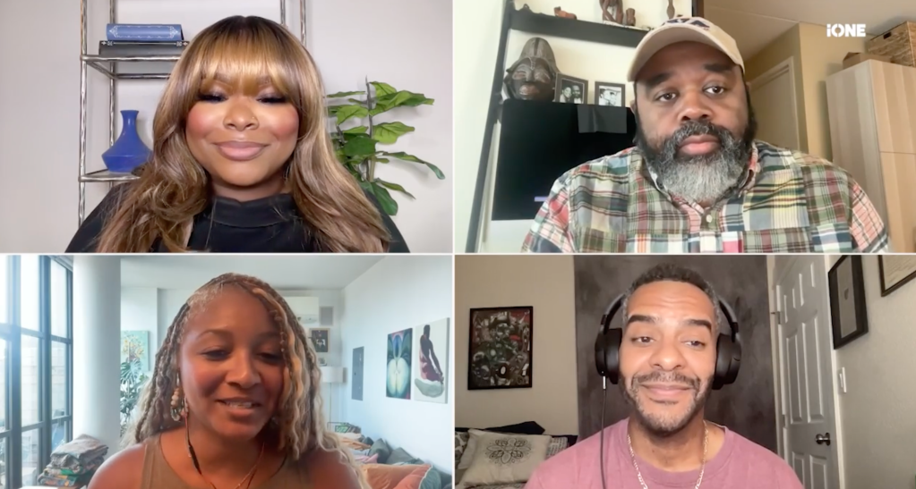 Four people in a video call, including a woman with long blonde hair and a man with a beard.