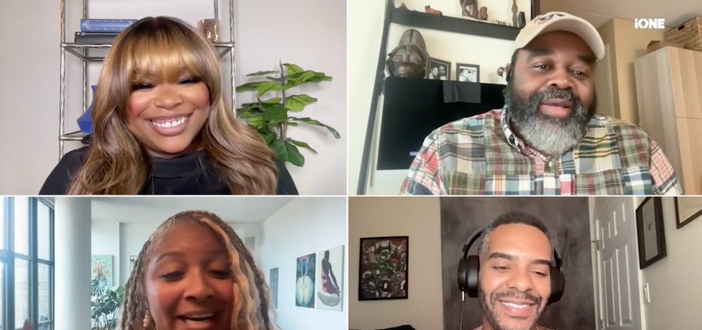 Four people in a video call, smiling and conversing. The image shows a diverse group of individuals engaged in a virtual meeting or discussion.