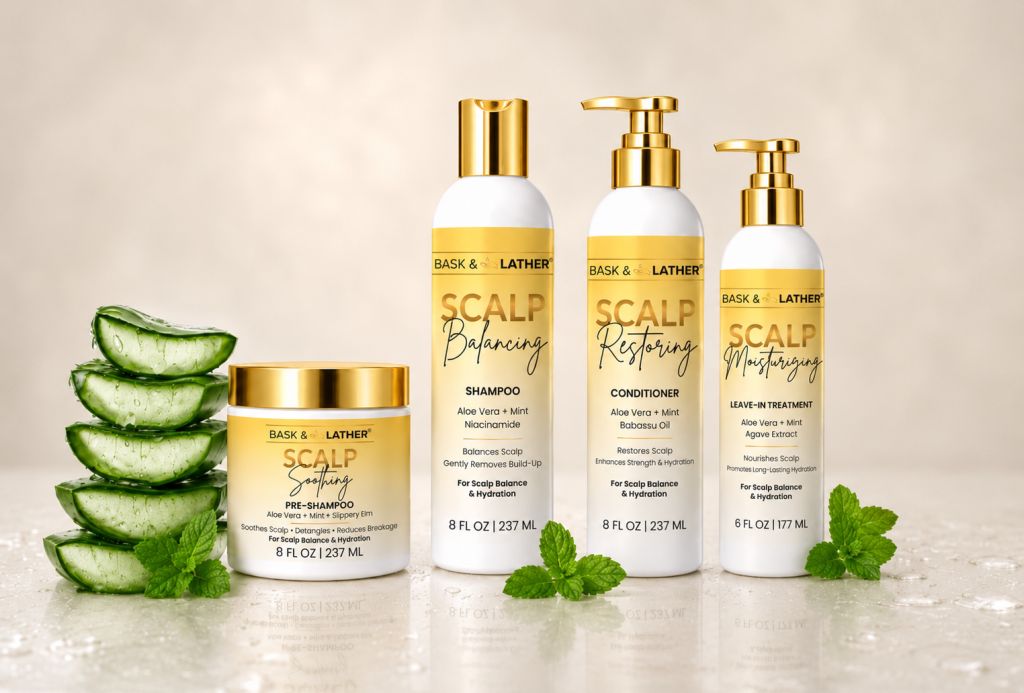 Assortment of Bask & Lather Scalp Balancing, Restoring, and Moisturizing hair care products, including shampoo, conditioner, and leave-in treatment, displayed with aloe vera leaves.