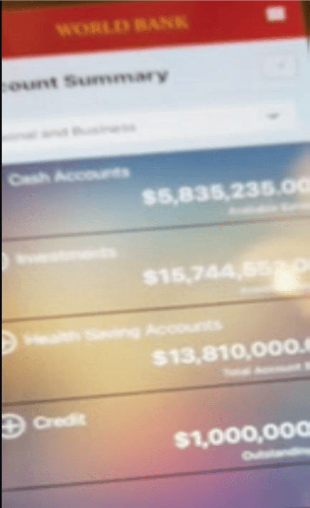 Flag On The Play! FBI Arrests Fake 49ers Player For Allegedly Scamming Women Out Of $1.8M, Social Media Drags ‘Wide Deceiver’ Drama 3 World Bank account summary showing account balance of $5,838,228.00 and transactions totaling $16,724,000.00 and $1,000,000.00.