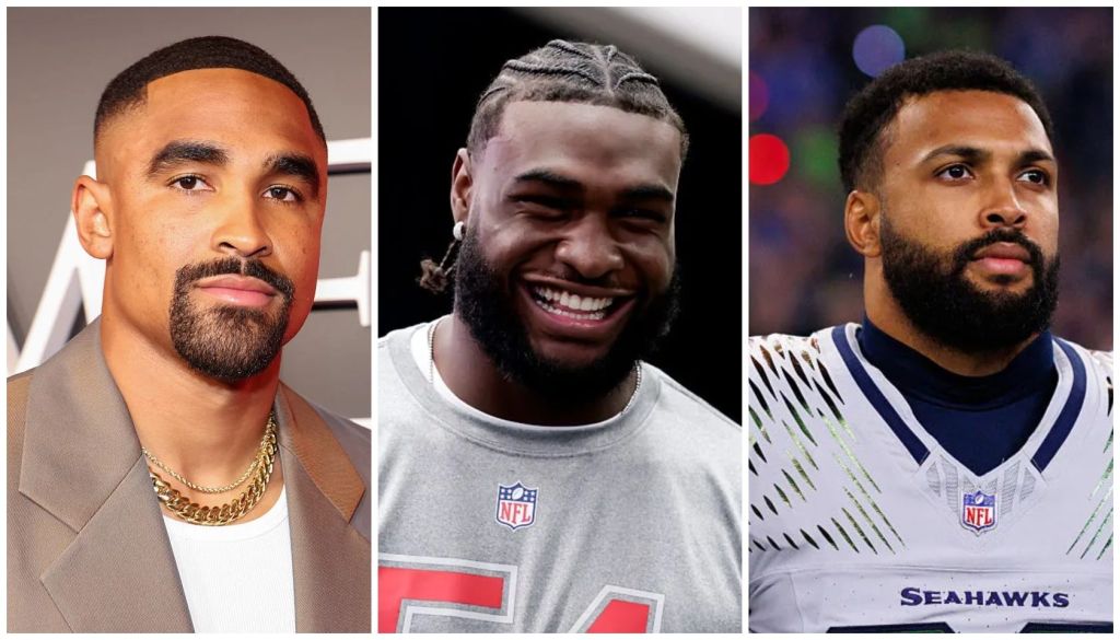 Three portraits of Black men with facial hair, one smiling in a gray NFL jersey, one smiling in a gray shirt, and one in a blue and white NFL jersey.
