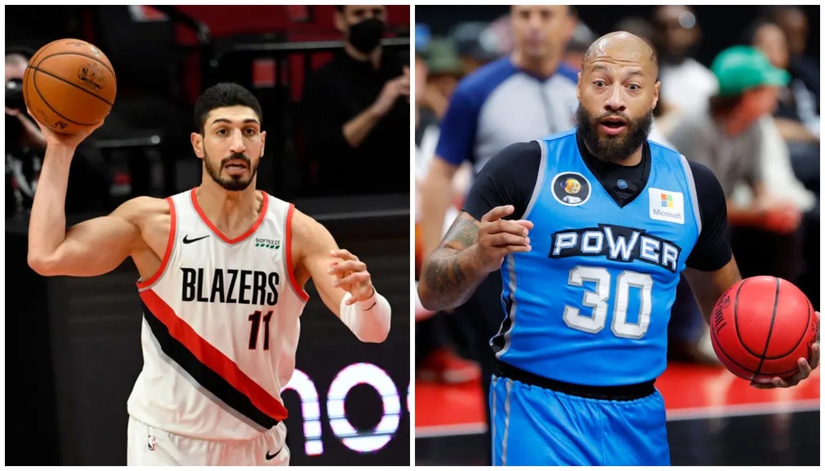 Two basketball players, one wearing a "Blazers" jersey and the other wearing a "Power 30" jersey, holding basketballs.