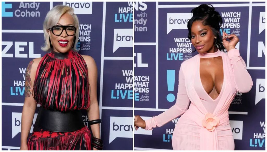 K. Michelle and Shamea Morton posing on a Bravo TV backdrop