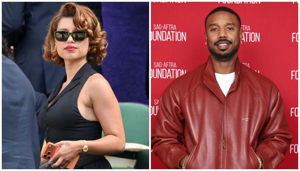 Two images side-by-side: a woman with curly hair and sunglasses in a black dress, and a man in a red leather jacket posing at a red carpet event.