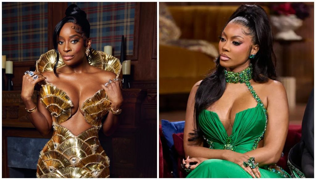 Two images of a woman in glamorous outfits: one in a gold, feathered dress and the other in a green, bejeweled gown.