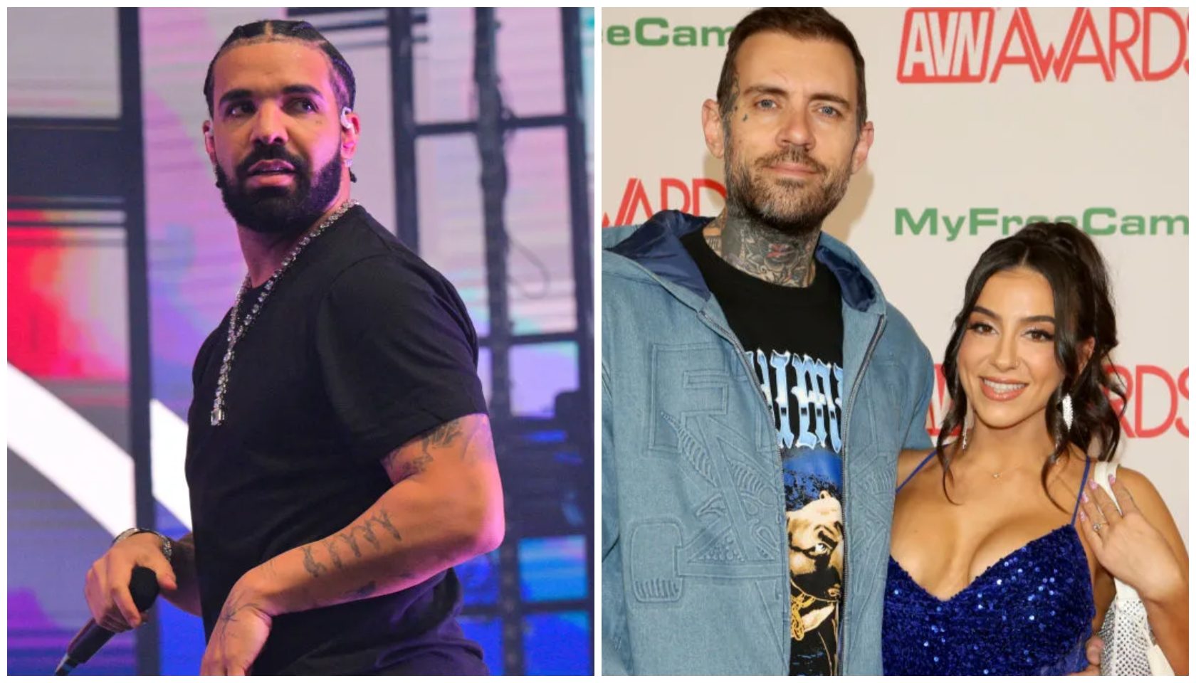 A man with a beard and tattoos stands on a stage. A man and woman pose together at an awards show, the woman wearing a blue sequined dress.