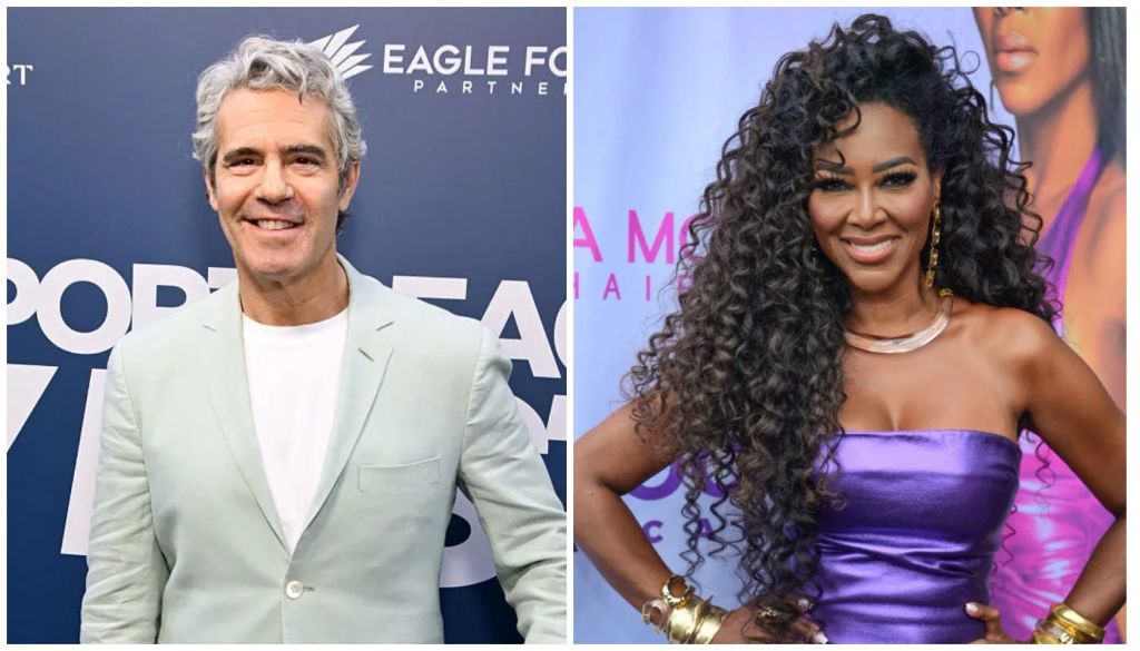 Two headshot portraits: a smiling older man with gray hair wearing a white jacket, and a woman with long curly hair wearing a purple strapless dress and gold jewelry.