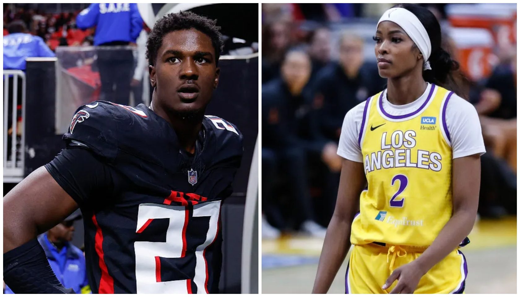 Two athletes, one wearing a navy blue NFL jersey with the number 27, the other wearing a yellow Los Angeles basketball jersey with the number 2.
