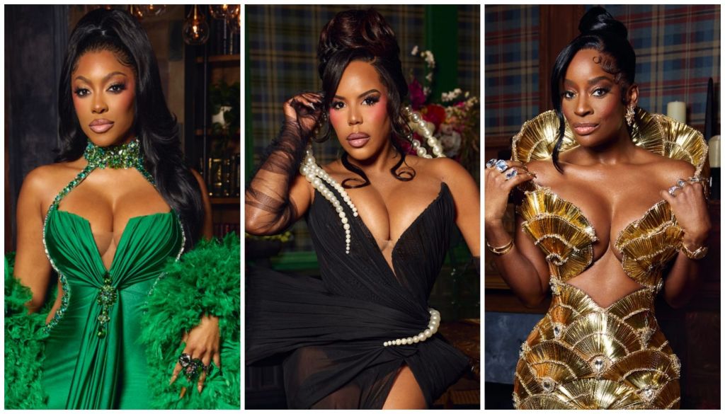 Three glamorously dressed women posing in ornate, colorful outfits - a green feathered dress, a black gown with pearls, and a gold sequined ensemble.