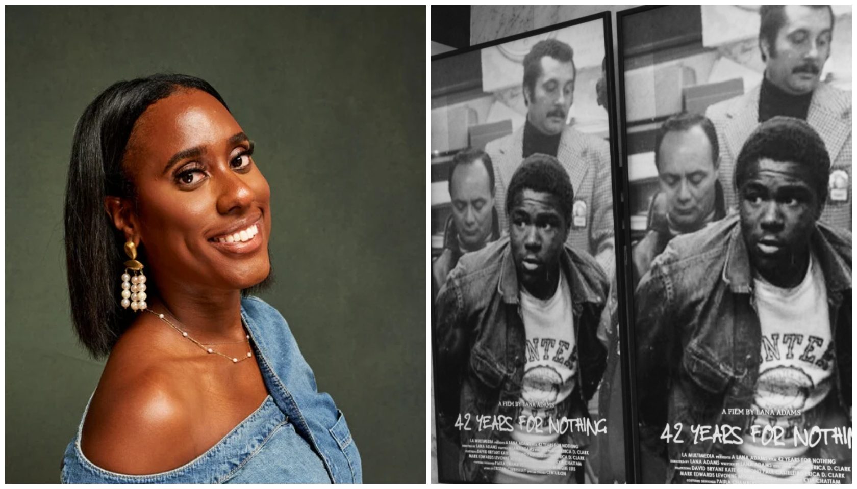 A smiling woman with long dark hair wearing denim and pearl earrings. A movie poster for "42 Years for Nothing" featuring several men.