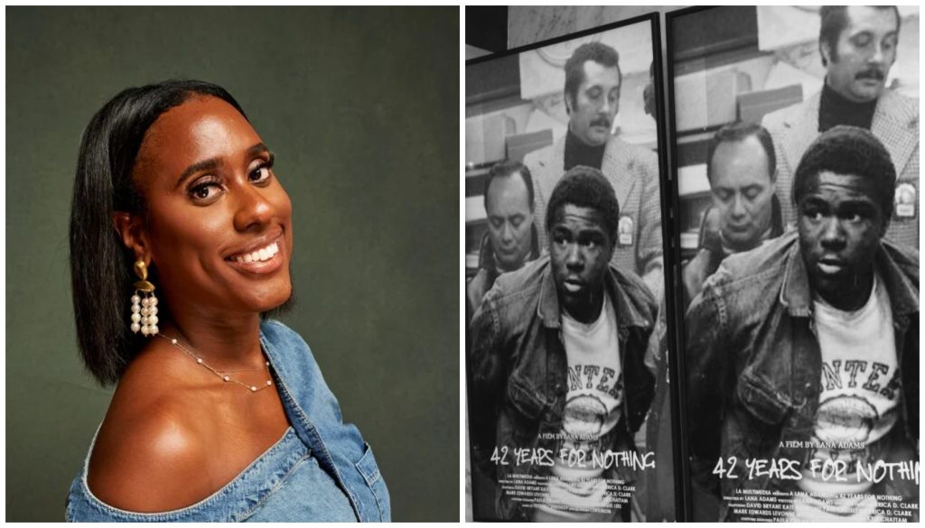 A smiling woman with long dark hair wearing denim and pearl earrings. A movie poster for "42 Years for Nothing" featuring several men.