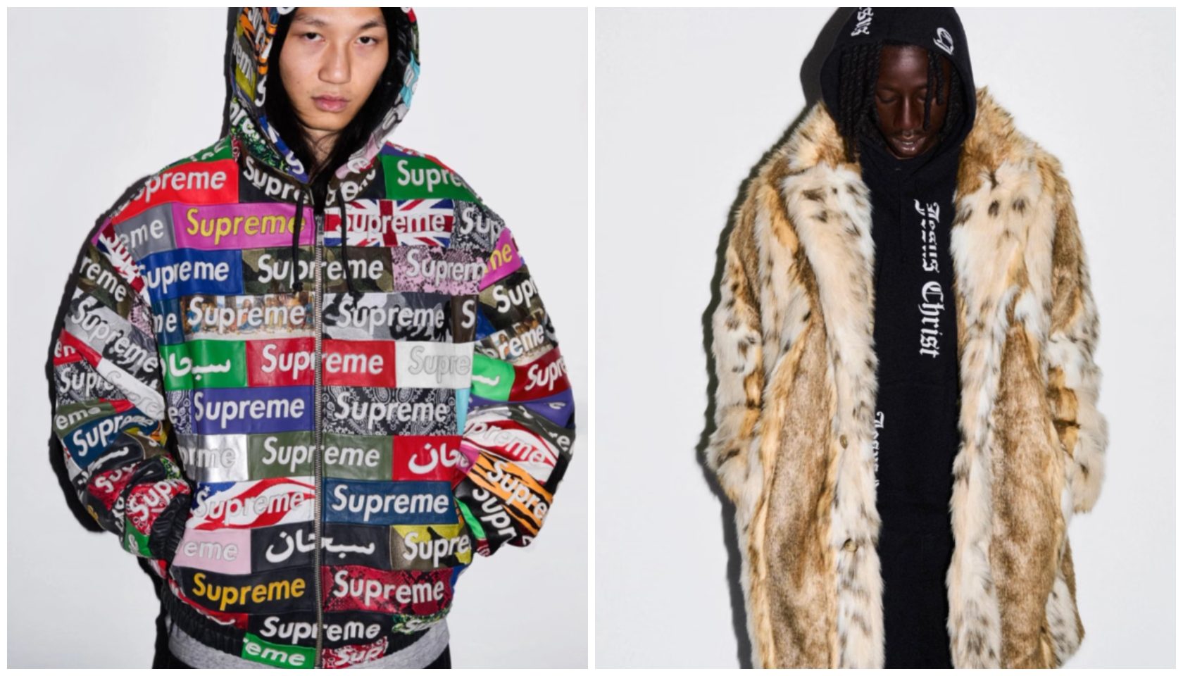 Two people wearing Supreme and fur-trimmed hoodies against a white background.
