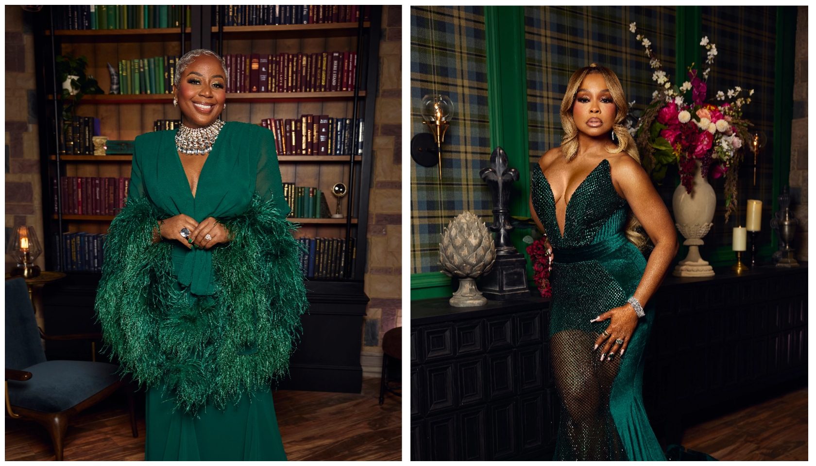 Two images of a woman in glamorous green dresses posing in front of bookshelves and floral arrangements.