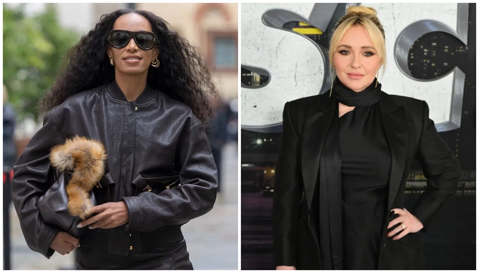 Two women in stylish black outfits, one with curly dark hair and sunglasses, the other with blonde hair, posing in front of a wall.