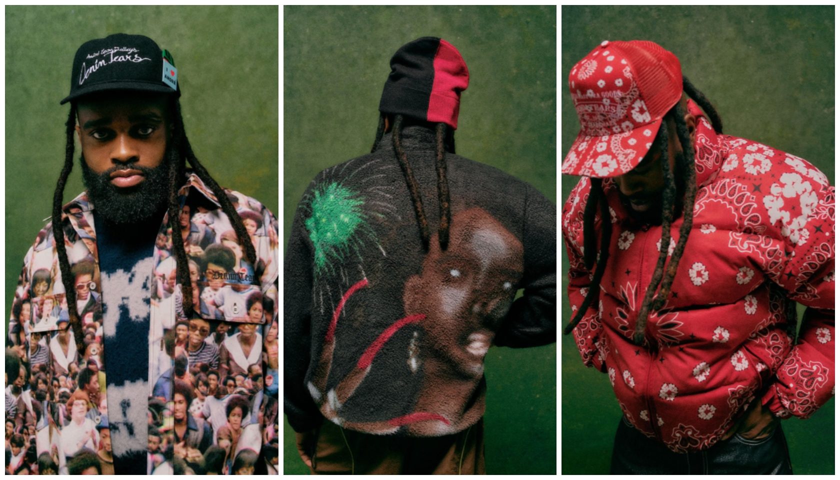 Three portraits of a person wearing a black baseball cap with "Union Trave" text, a black and red hooded jacket, and a red and white floral patterned head wrap.