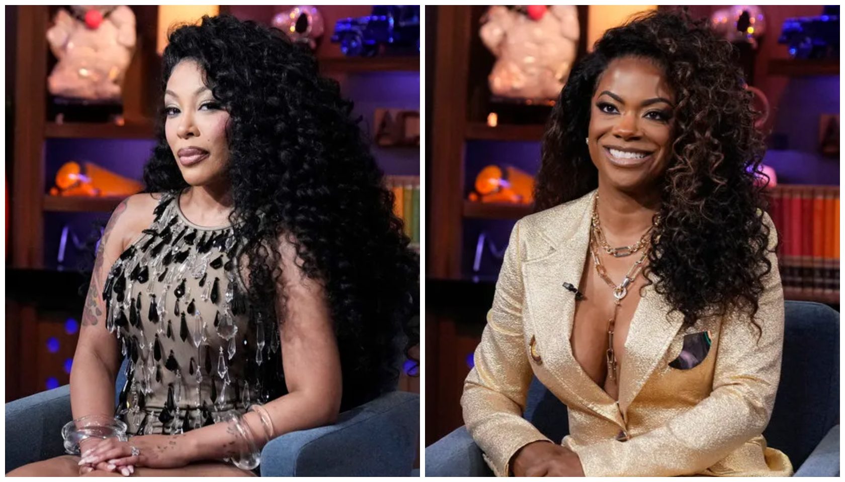 Two images of a woman with curly dark hair, one wearing a patterned dress and the other in a gold jacket, both smiling.