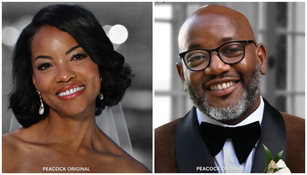 Two smiling portraits - a woman with curled hair and a man with a beard wearing glasses and a tuxedo.