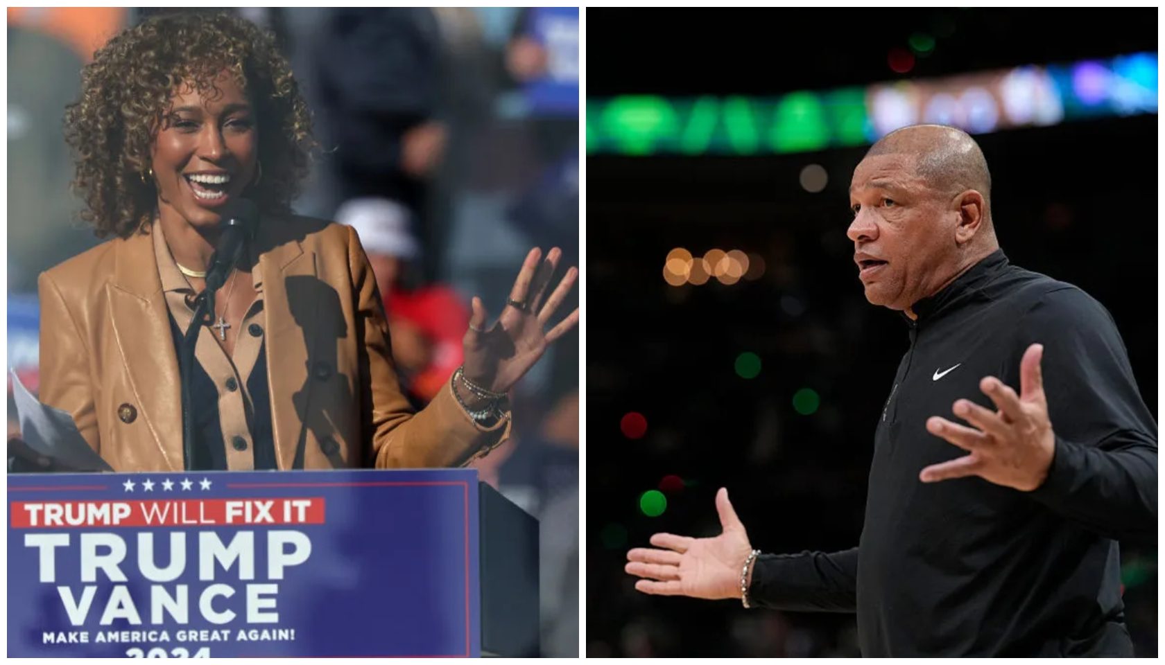 A smiling woman in a tan jacket speaking at a podium with a "Trump Will Fix It" sign, and a man in a black Nike jacket gesturing while speaking on stage.