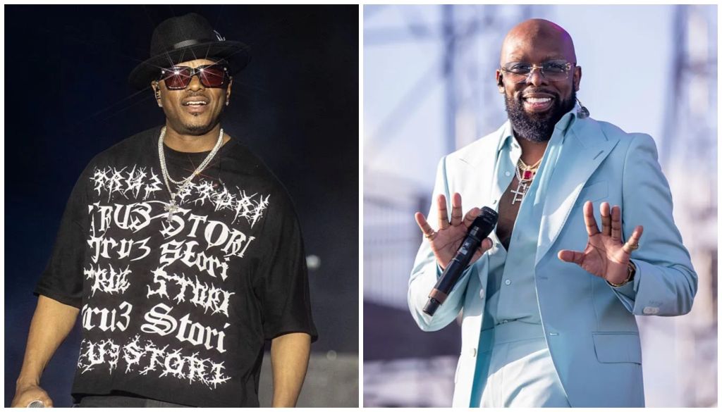 R&B Nights: Donell Jones Brings Out 702, While Joe Calls on 50 Cent, During Verzuz Battle 2 Two music artists: a man wearing a black t-shirt with white text, and a man in a light blue suit smiling and speaking into a microphone.