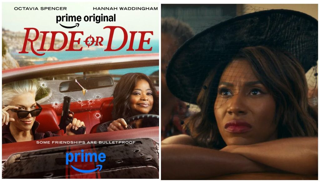 Two women in a red car, one smiling and the other looking serious, with the title "Ride or Die" on the car's door.