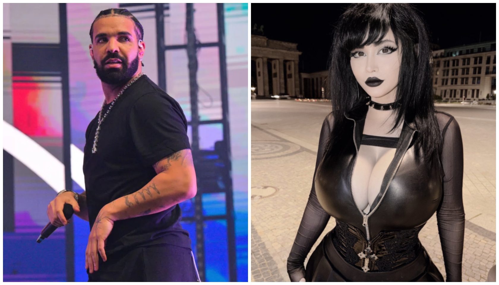 A man with a beard wearing a black shirt stands on a stage with colorful lighting. A woman with dark hair and makeup wearing a black leather jacket stands in front of a city street at night.
