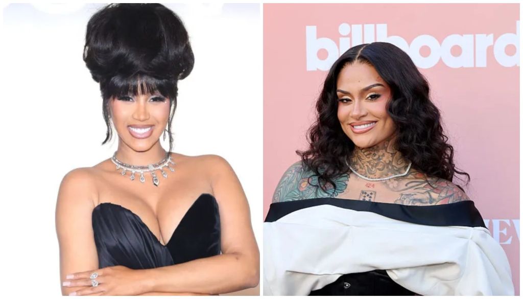 Two images of a woman with dark hair and tattoos, one in a black dress and one in a white outfit, posing at a Billboard event.