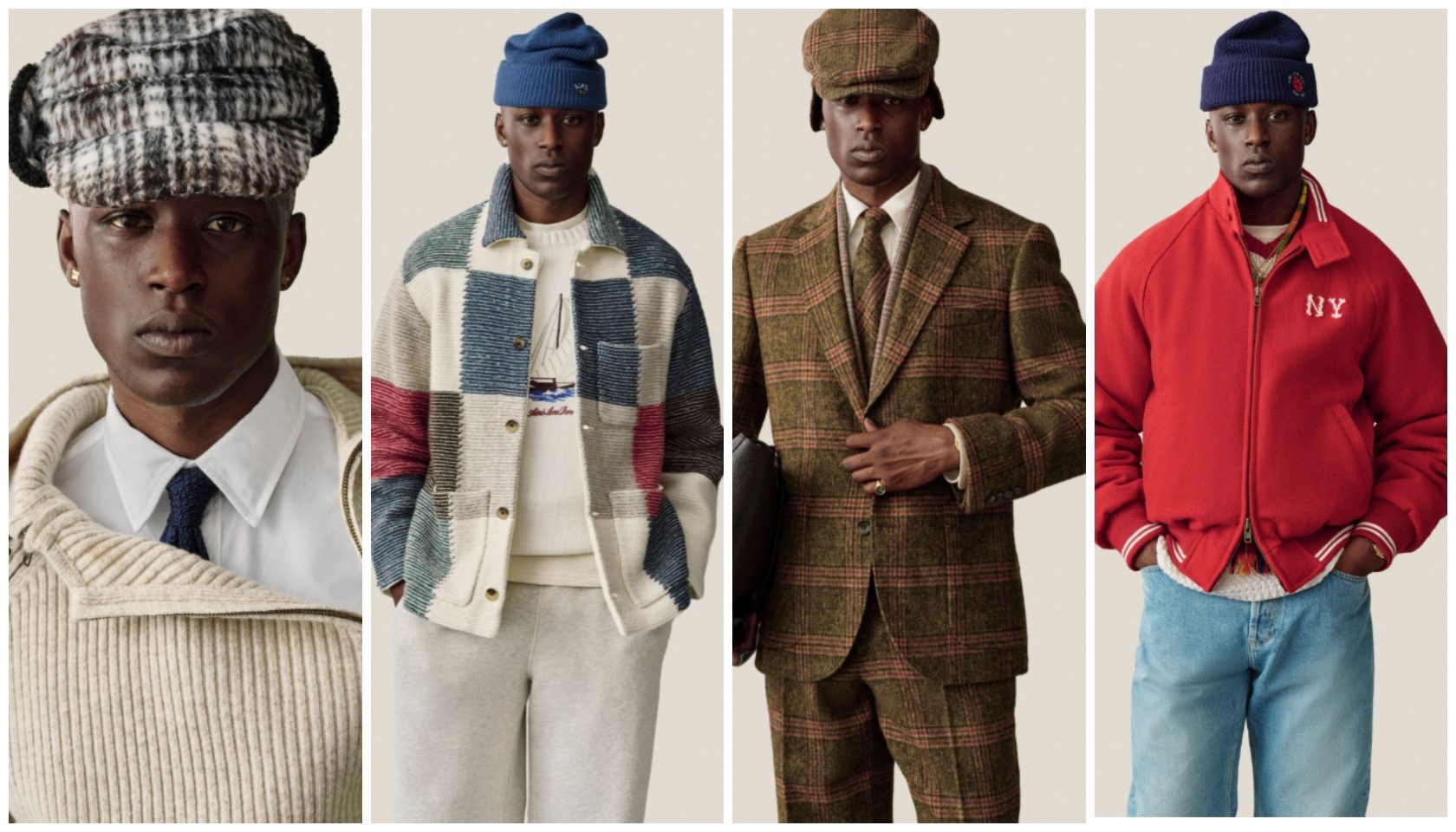Four portraits of young Black men wearing various stylish outfits, including a plaid suit, a red jacket, and patterned sweaters.