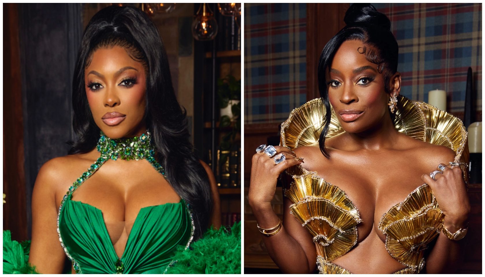 Two images of a woman in glamorous outfits: one in a green halter dress with jeweled neckline, the other in a gold ruffled dress with dramatic sleeves.