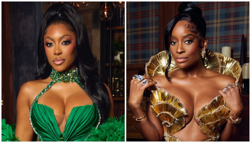 Two images of a woman in glamorous outfits: one in a green halter dress with jeweled neckline, the other in a gold ruffled dress with dramatic sleeves.