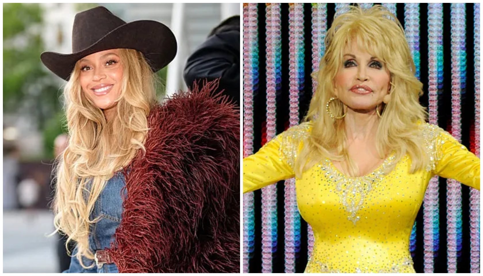 Two images of blonde women: one wearing a cowboy hat and fur coat, the other in a yellow sequined dress on a stage.