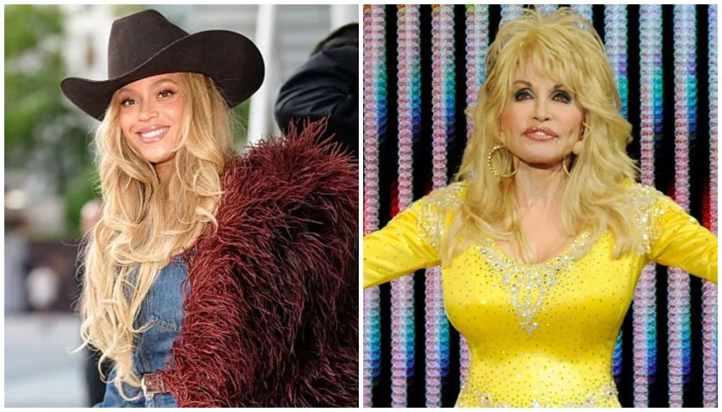 Two images of blonde women: one wearing a cowboy hat and fur coat, the other in a yellow sequined dress on a stage.