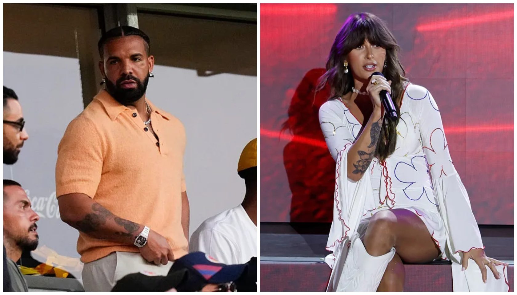 A man with a beard wearing a tan shirt stands in a room. A woman with long dark hair wearing a white and red patterned outfit performs on stage.