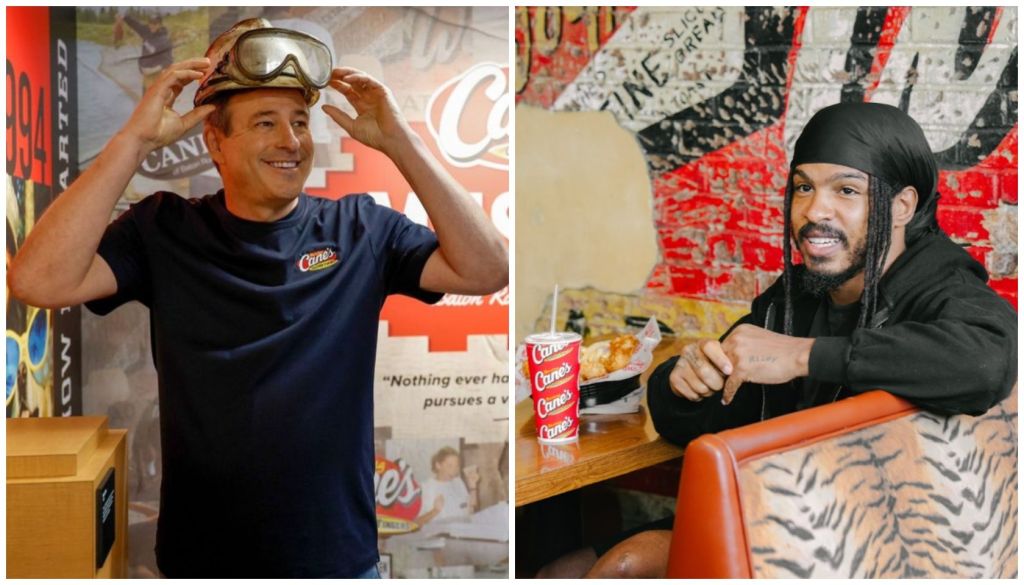 A man wearing ski goggles and a Canes t-shirt, and a man with dreadlocks sitting on an orange chair in front of Canes-branded decor.