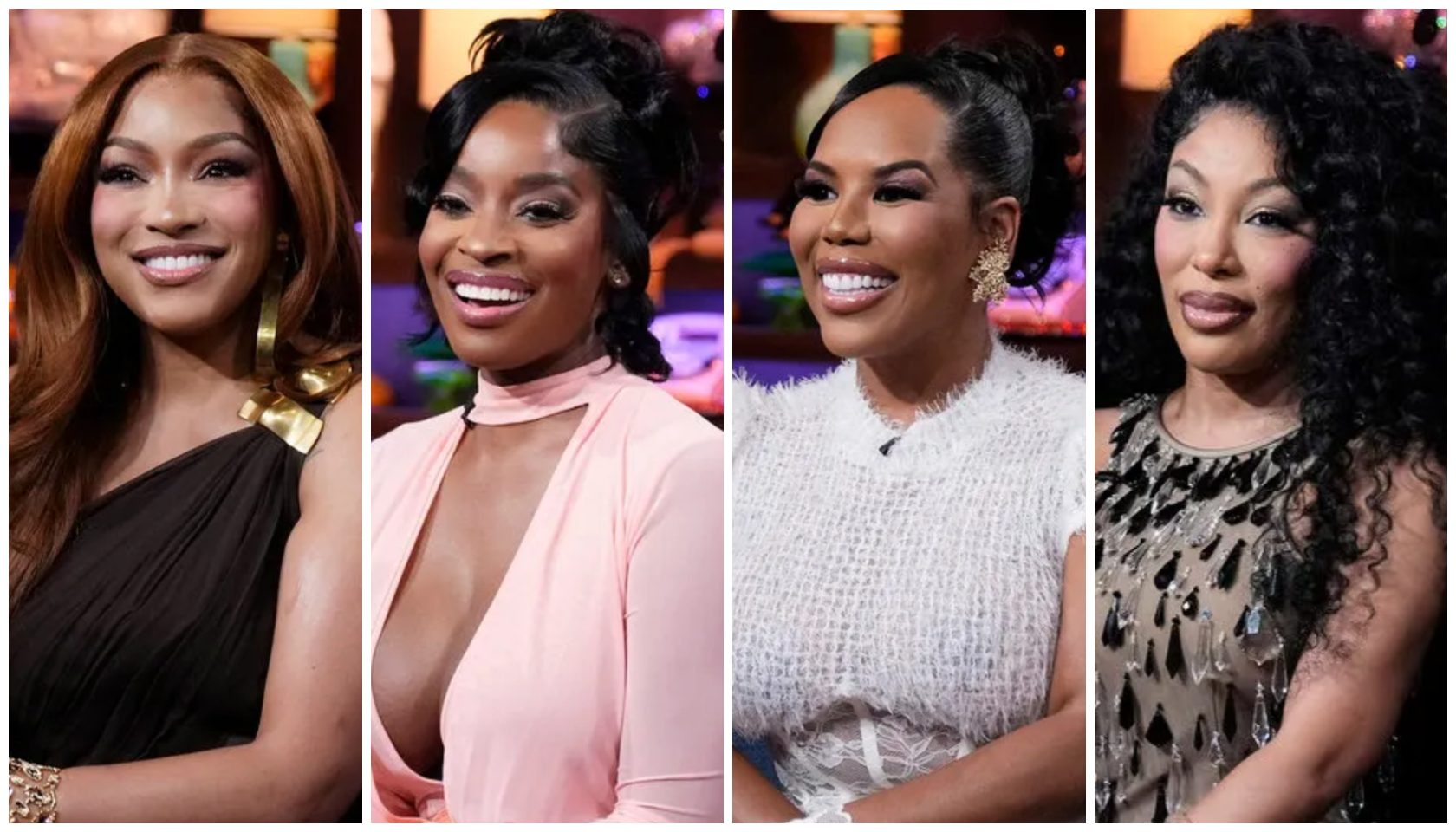 Four smiling women in formal attire, including a pink dress, white sweater, and patterned dress.